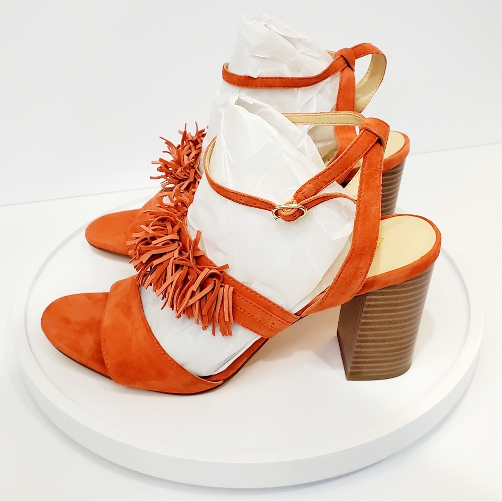 C WONDER Gabrielle Suede Leather Orange Fringe Strappy High-heeled Sandal SZ 10